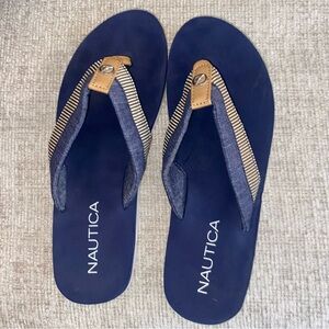 Nautica Navy Blue Flip Flop Sandals with Tan Accents
